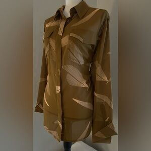 Brown Leaf Print Button-Up Blouse
